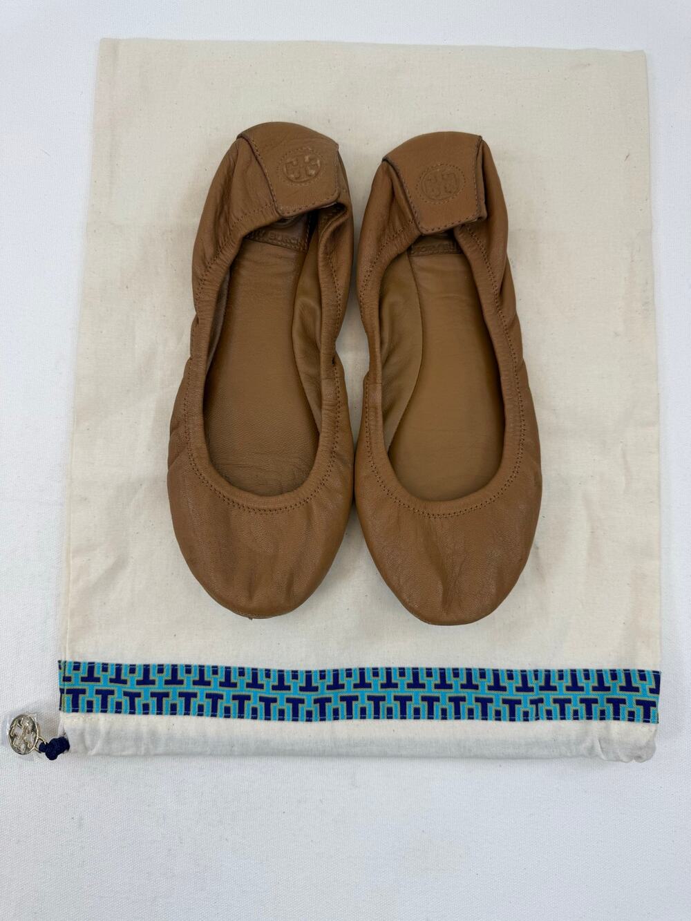 Tory Burch Eddie Leather Ballet Flats Camel Tan Size 8 Logo Foldable Flats‎